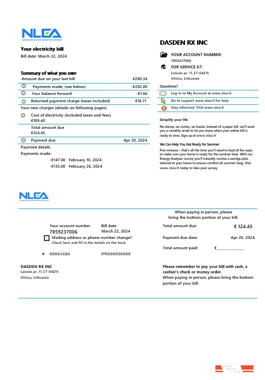 Lithuania National Lithuanian Energy Association business utility bill Word and PDF template PSD template